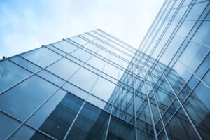 transparent glass wall of office building Steel
